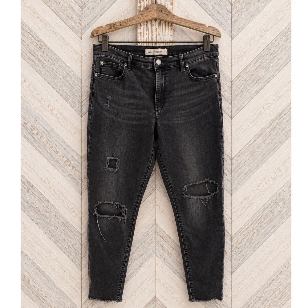 Gap 1969 True Skinny Super High Rise Stretch Distressed Ankle Zip Jeans Black 34